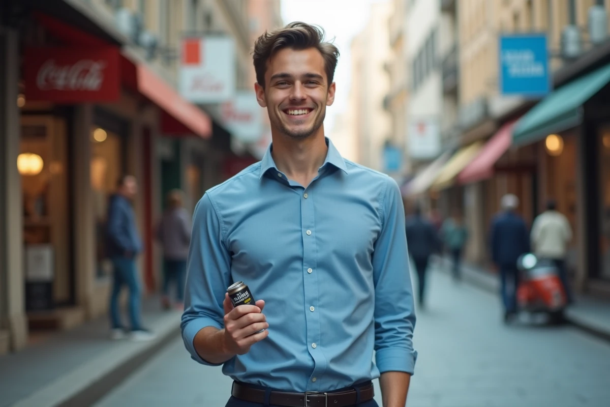 Jeune homme avec produit en extérieur en ville