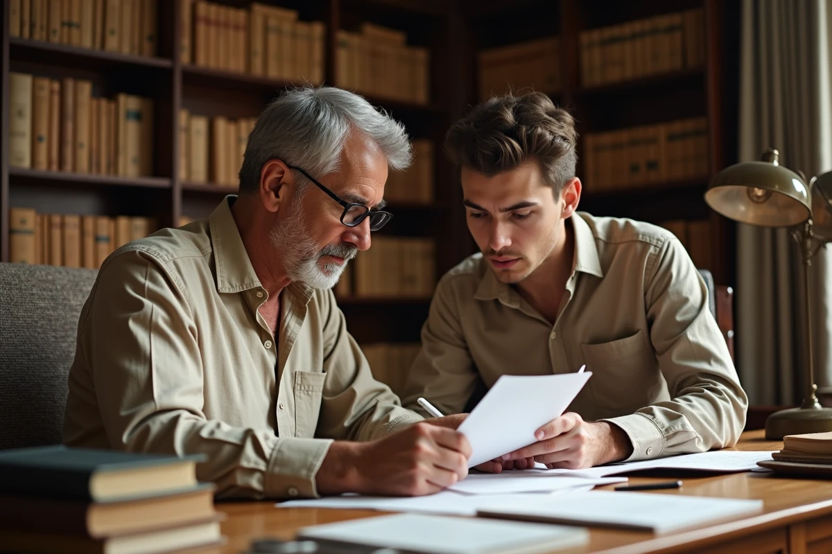 Homme mature et jeune adulte travaillant ensemble dans une bibliothèque familiale privée