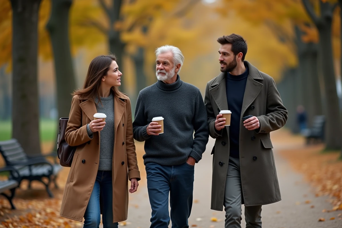 Famille se promenant dans un parc parisien en automne, ambiance complice et naturelle