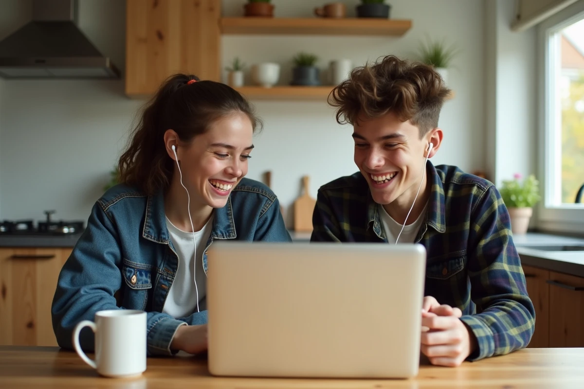 Adolescents partageant écouteurs en regardant une série dans la cuisine