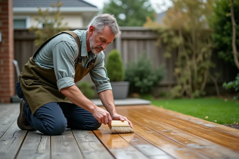 Homme appliquant un saturateur sur une terrasse en bois de pin avec une brosse, mettant en valeur la pénétration du produit dans le bois