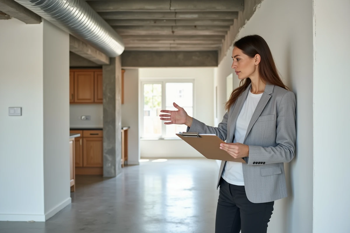Architecte d'intérieur présentant le résultat d'une ouverture de mur porteur dans un espace rénové en open space
