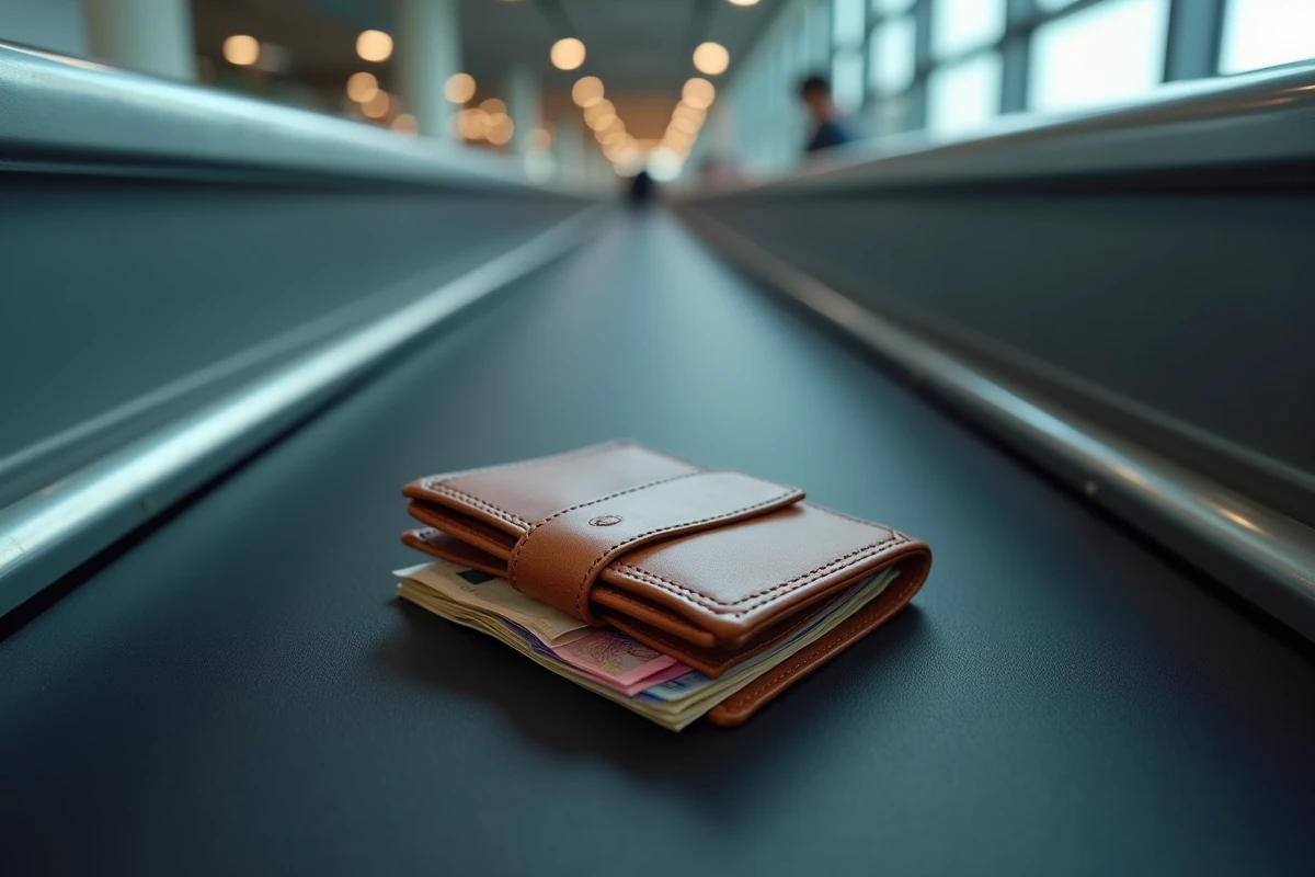 Portefeuille rempli de billets de banque en euros sur le tapis d'un scanner de sécurité à l'aéroport