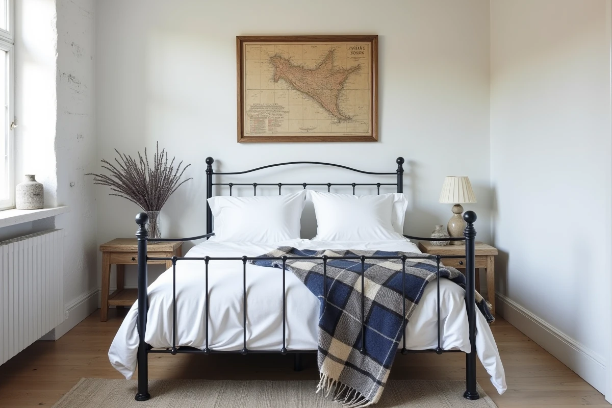 Chambre bretonne apaisante avec lit en fer forgé, literie en coton blanc et plaid rayé marine dans une ambiance bord de mer