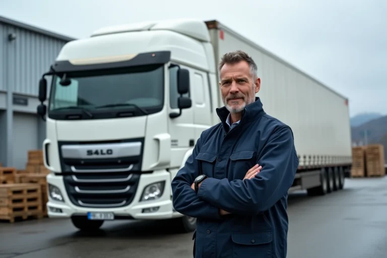 Chauffeur poids lourd professionnel debout devant un camion semi-remorque dans un entrepôt logistique à Genève, Suisse
