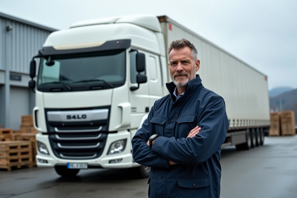 Chauffeur poids lourd professionnel debout devant un camion semi-remorque dans un entrepôt logistique à Genève, Suisse