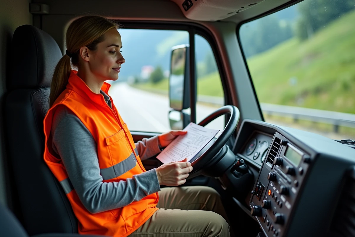 Chauffeuse de camion poids lourd en cabine sur une autoroute suisse, consultant ses documents de livraison