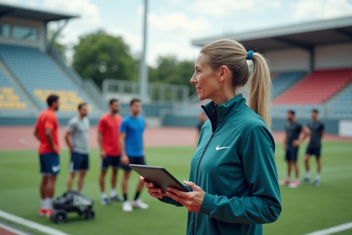 Coach femme observant des athlètes testant du matériel sportif en extérieur