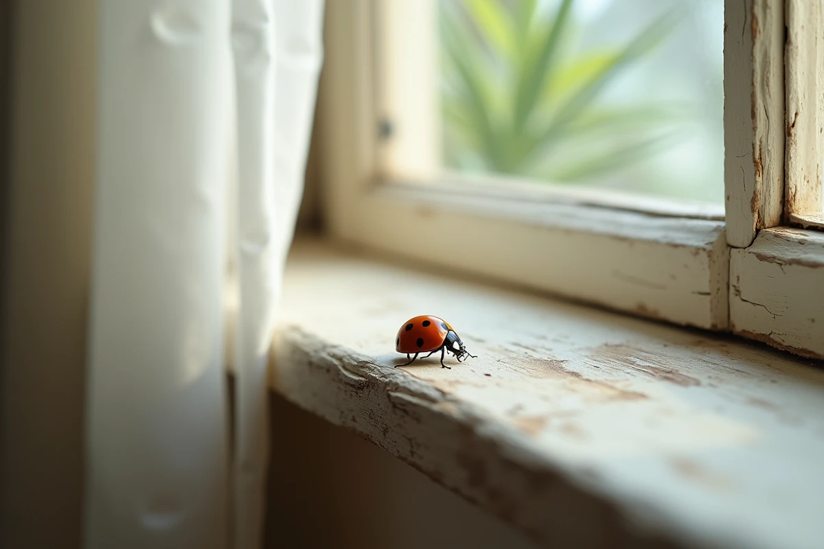 Coccinelle rouge marchant sur le rebord d'une fenêtre en bois à l'intérieur d'une maison, signification spirituelle