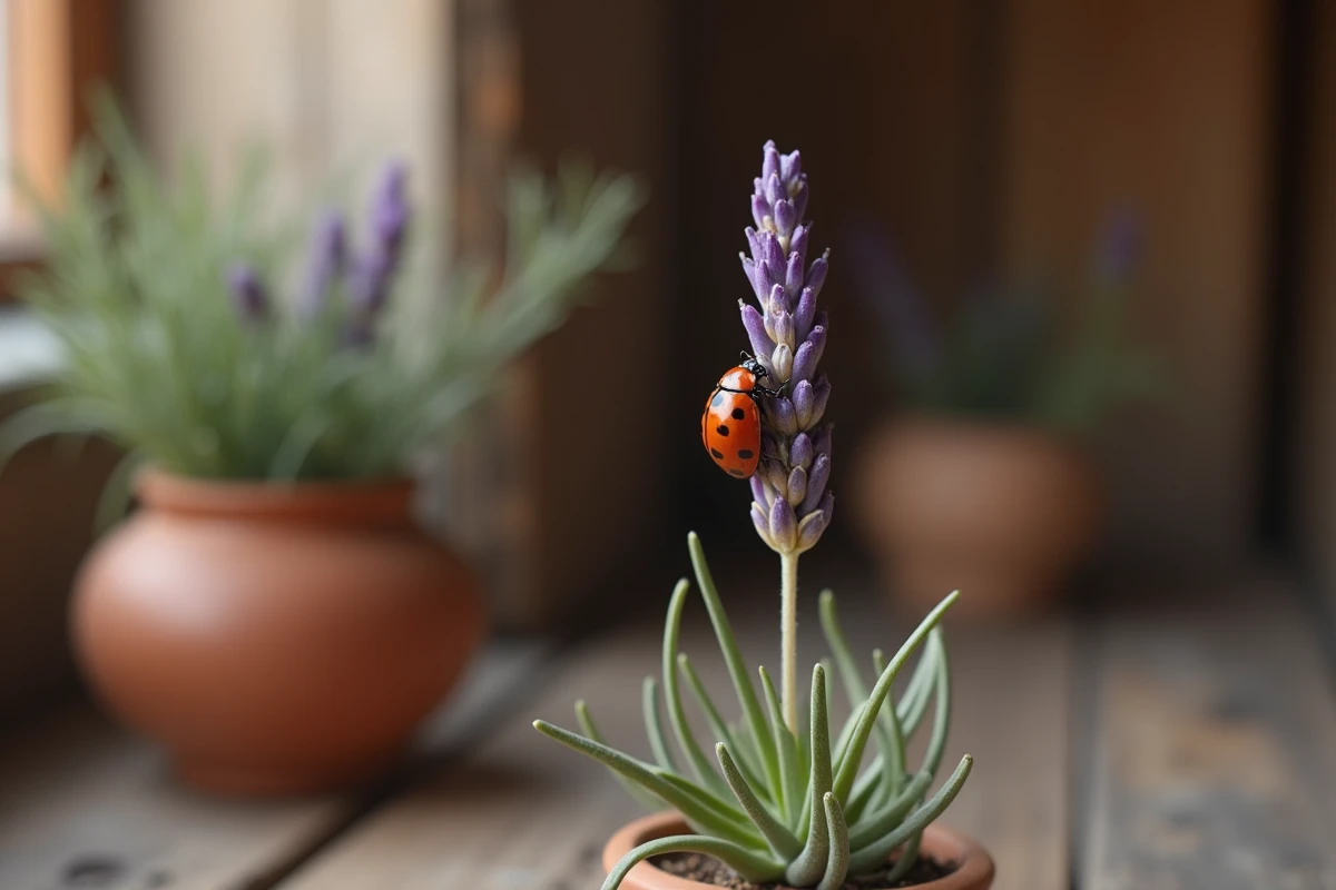Coccinelle sur une tige de lavande séchée dans un intérieur rustique, évoquant la spiritualité et les signes de la nature