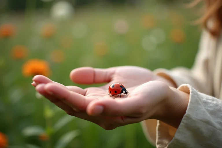 Coccinelle rouge posée sur la paume d'une femme dans un jardin, symbolisant un message spirituel et la chance
