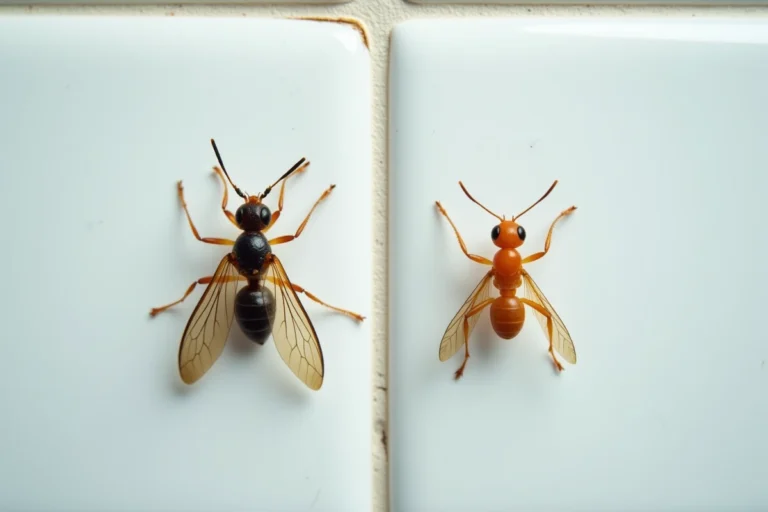 Comparaison macro côte à côte d'une fourmi ailée et d'un termite sur carrelage blanc, montrant les différences morphologiques clés