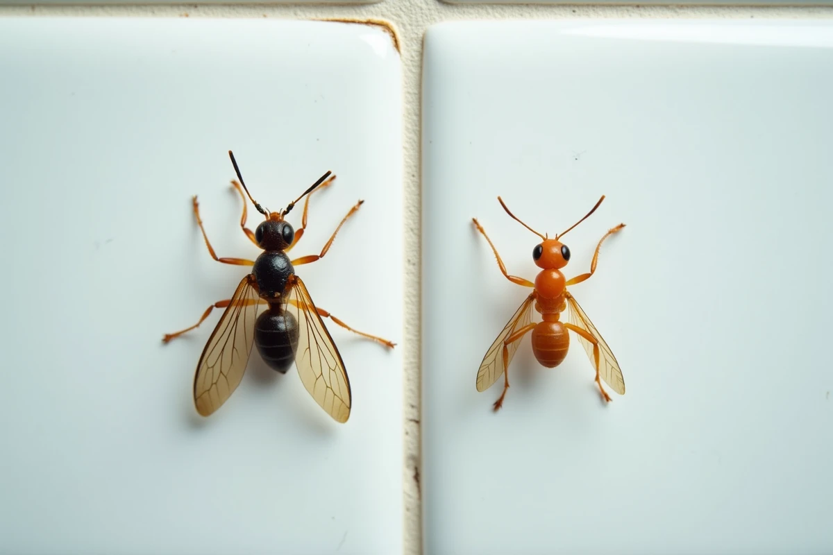 Comparaison macro côte à côte d'une fourmi ailée et d'un termite sur carrelage blanc, montrant les différences morphologiques clés