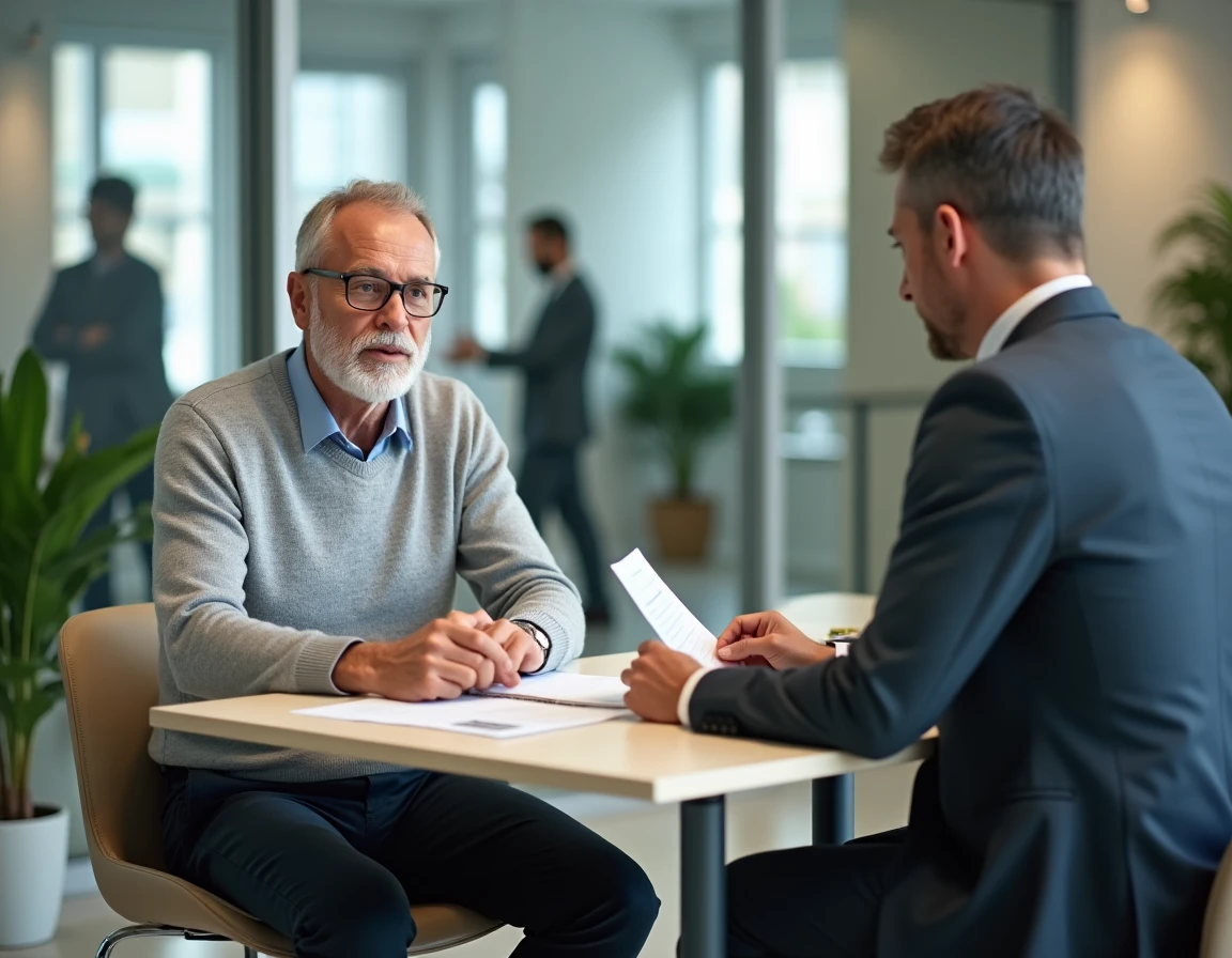 Un homme d'âge mûr en réunion avec un conseiller en assurance pour discuter des étapes de résiliation de son contrat d'assurance vie dans une agence bancaire moderne