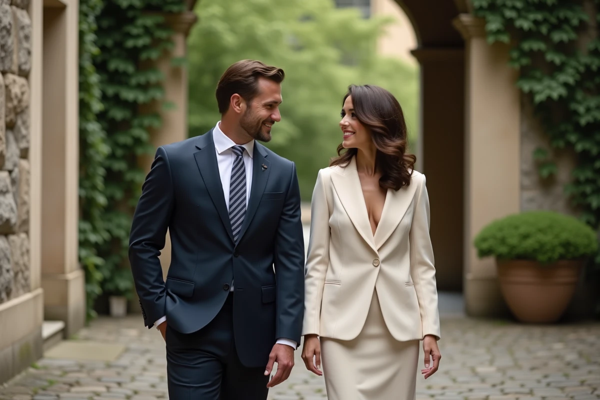 Couple élégant devant un bâtiment en pierre lors d'une cérémonie, illustrant les spéculations autour d'un possible mariage d'une personnalité médiatique française