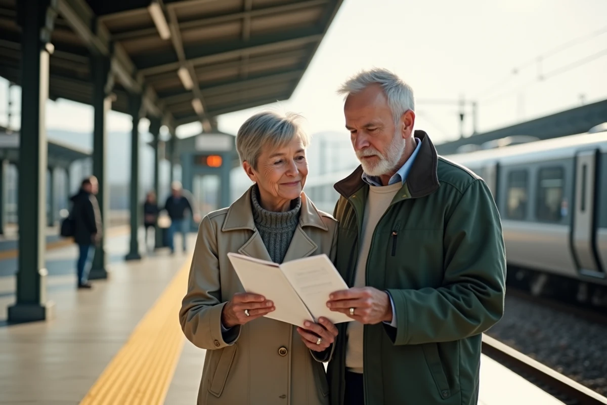 Un couple de seniors comparant les offres de cartes SNCF sur un quai de gare