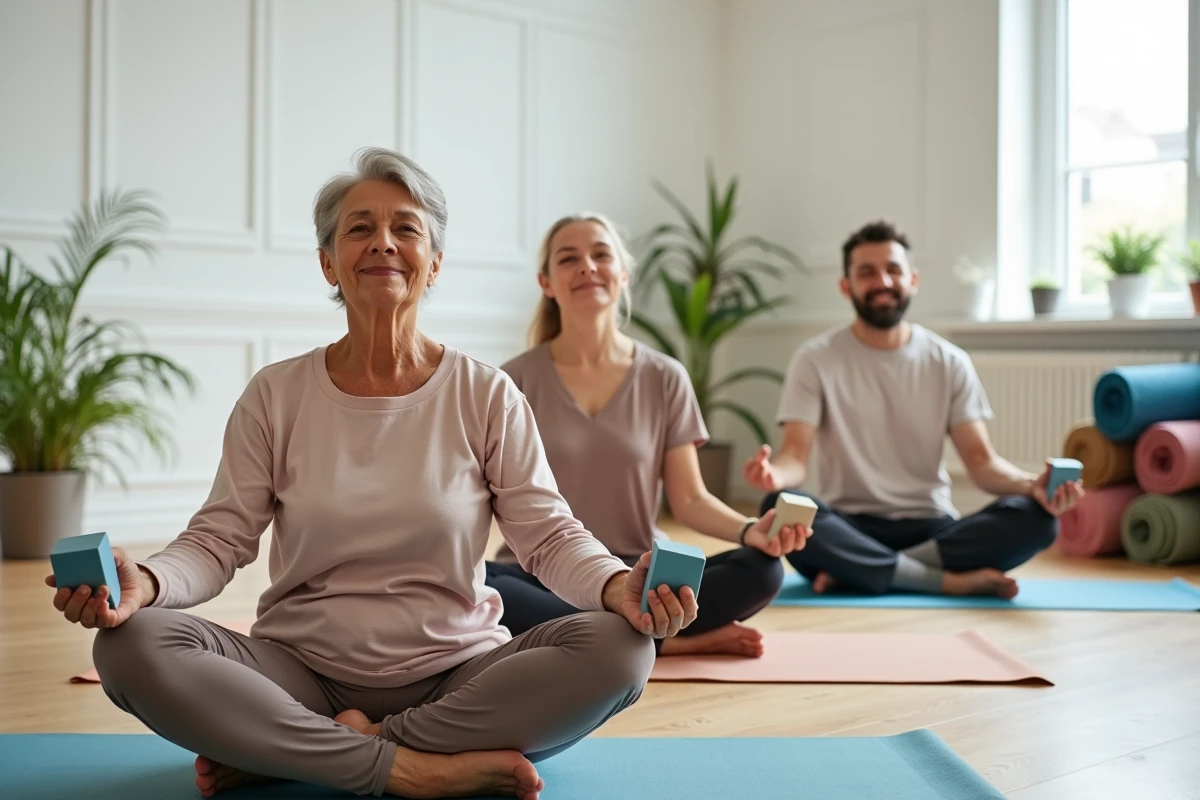 Groupe de personnes de tous âges participant à un cours de fitness collectif dans un centre de bien-être