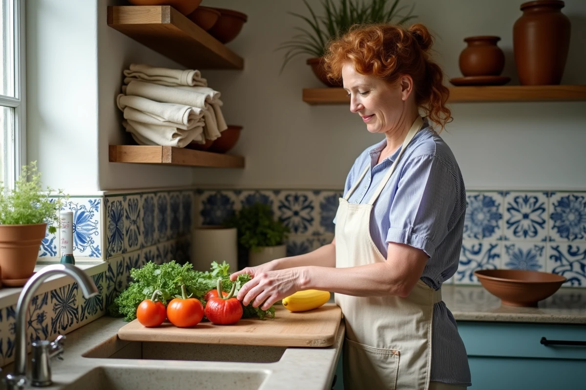 Cuisine bretonne traditionnelle avec carrelage faïence bleu et blanc, évier en granit et femme préparant des légumes frais