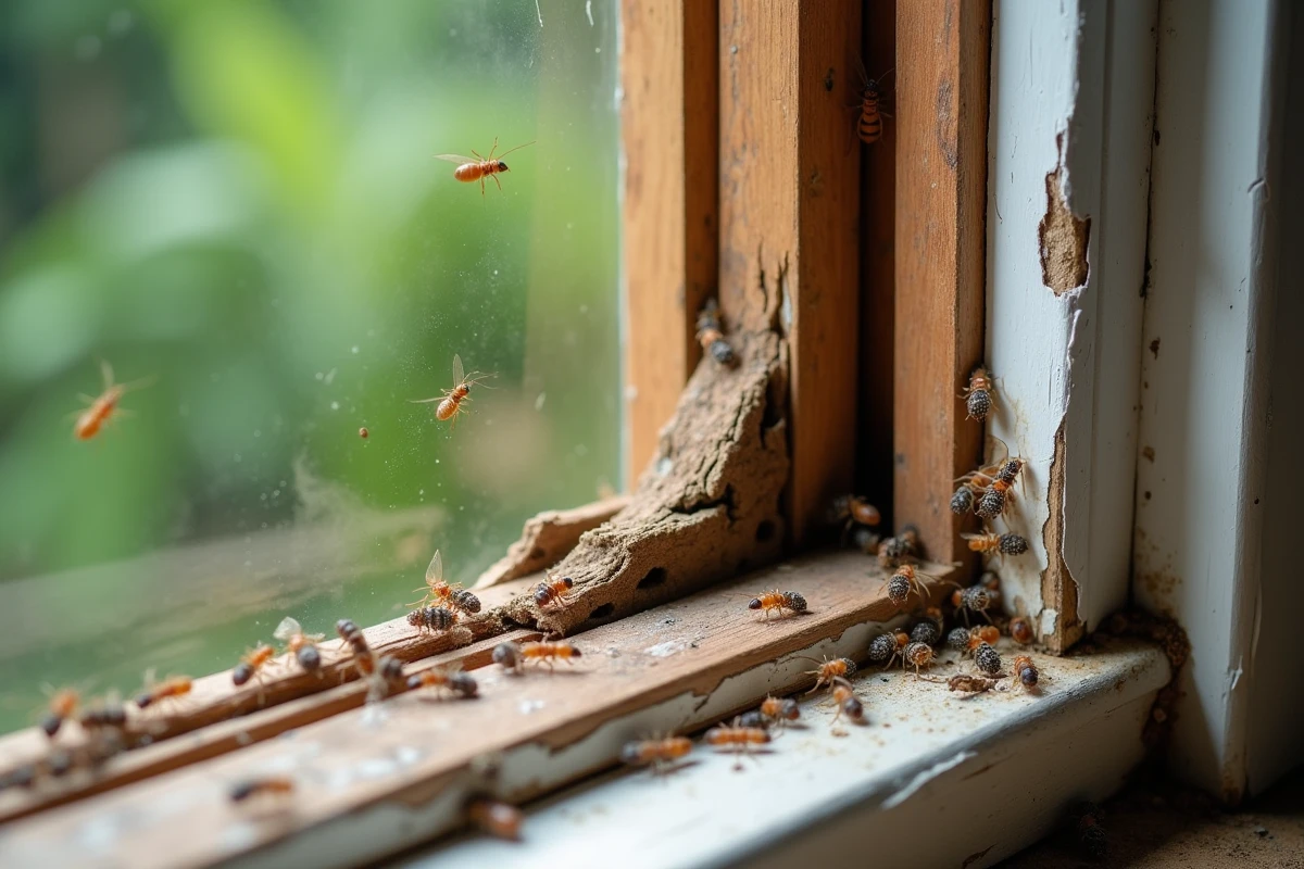 Dégâts de termites sur un cadre de fenêtre en bois avec essaim d'insectes ailés visibles et ailes tombées sur le rebord