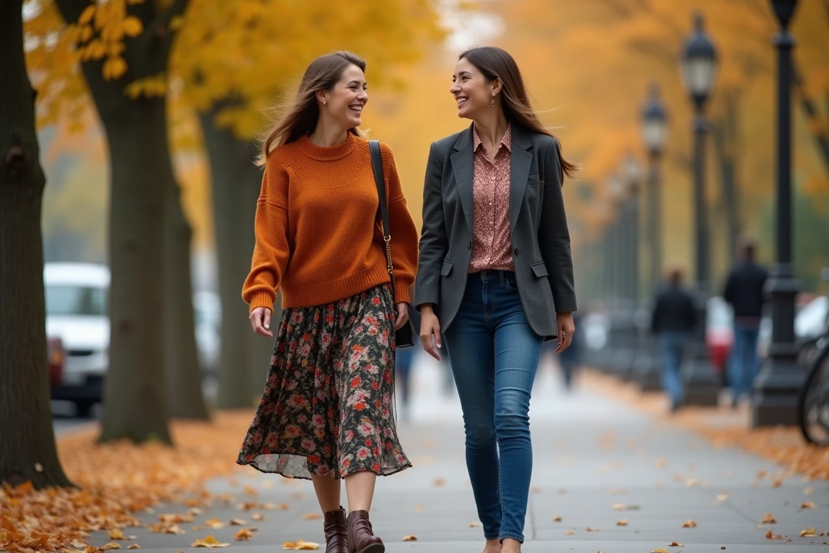 Deux femmes aux tenues automnales tendance marchant et riant sur un boulevard urbain bordé d'arbres en automne