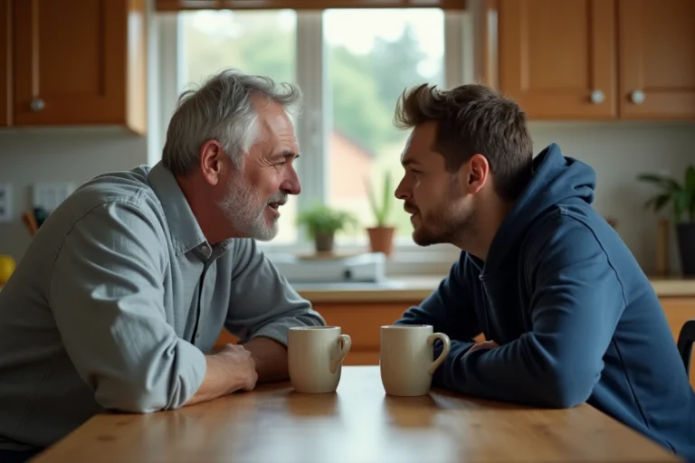 Père et fils adulte assis face à face à une table en bois, en pleine conversation sincère dans une cuisine familiale chaleureuse