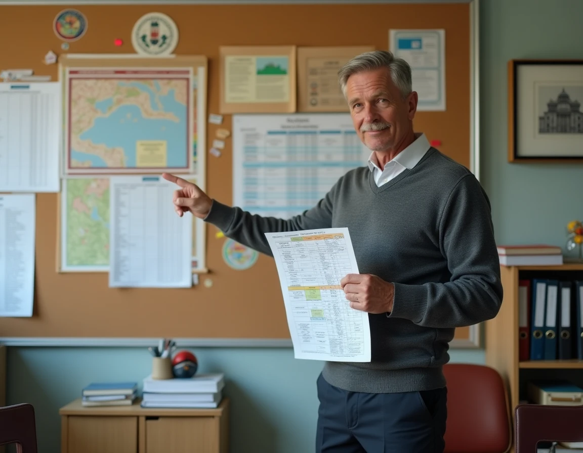 Directeur d'école organisant un voyage scolaire avec un plan imprimé et un tableau de planification dans son bureau