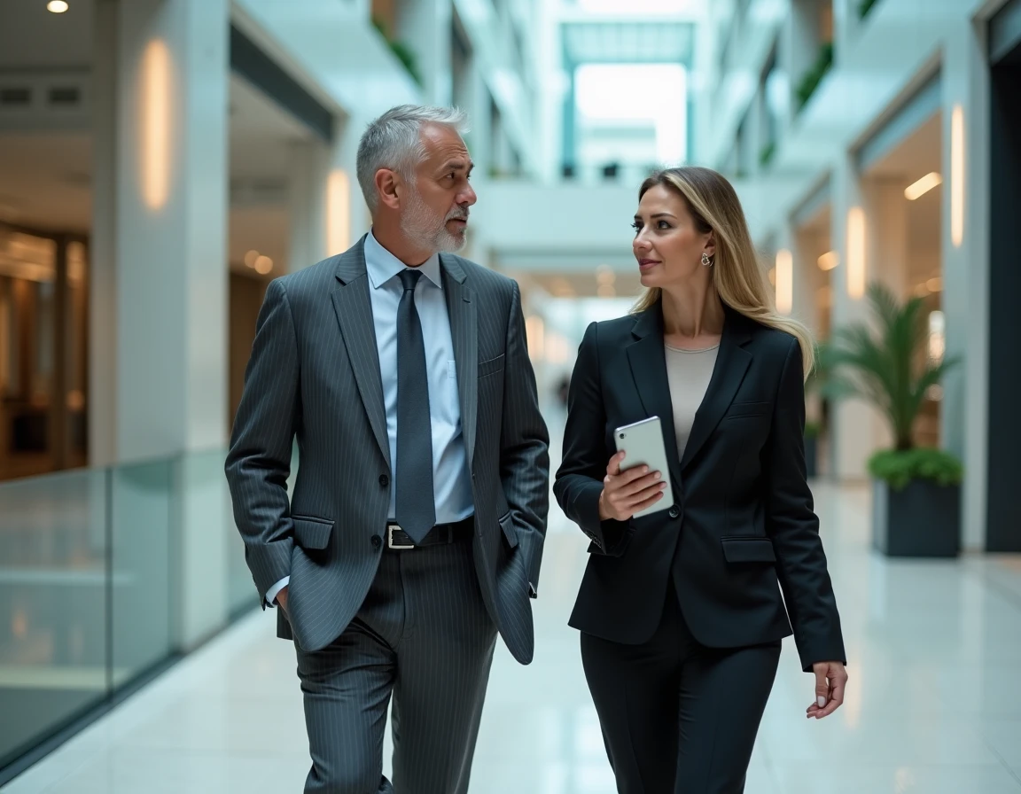 Deux dirigeants du CAC 40 en discussion dans le hall d'un siège social d'entreprise française