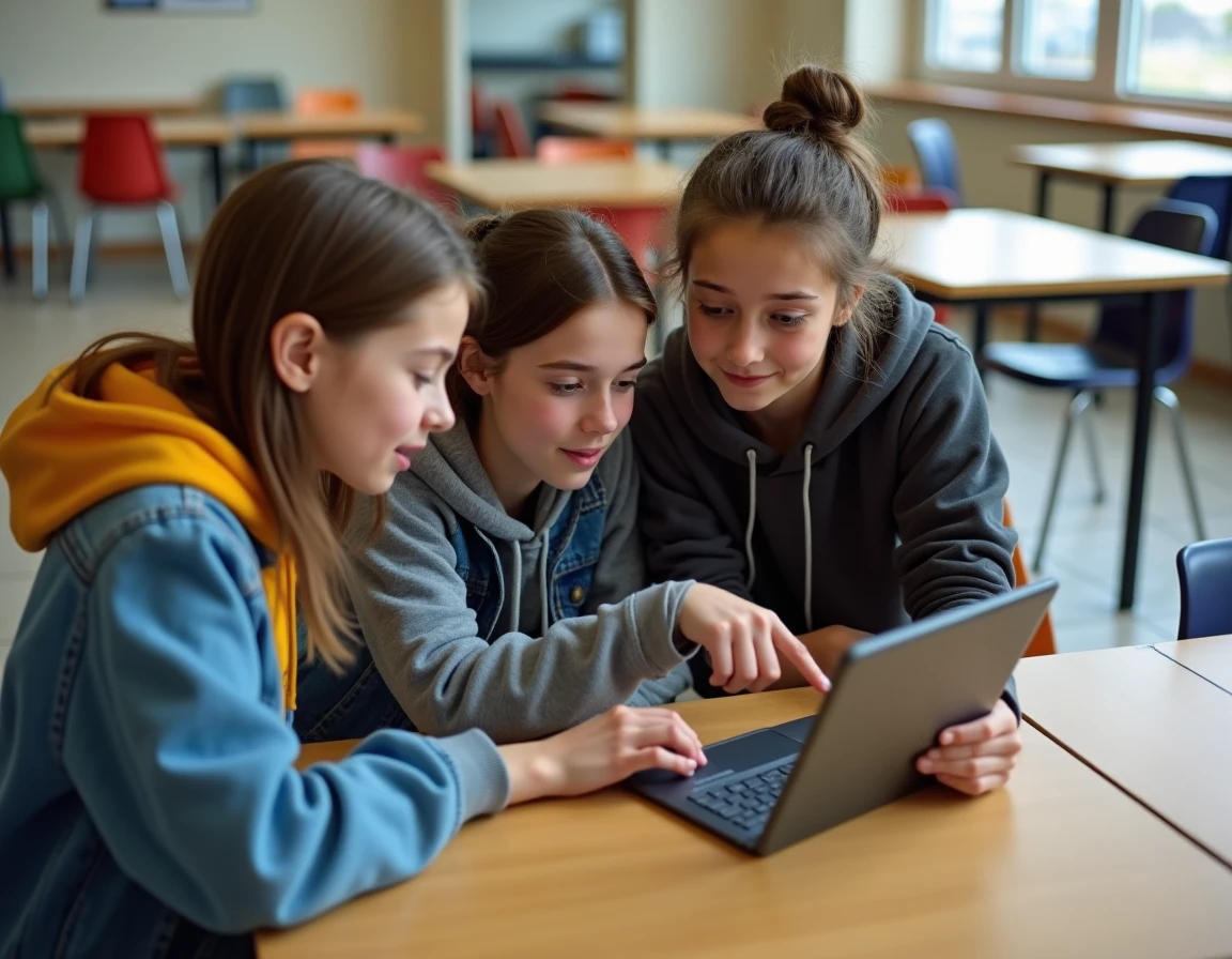 Groupe d'élèves consultant un site de voyage scolaire sur une tablette dans la cafétéria de leur établissement