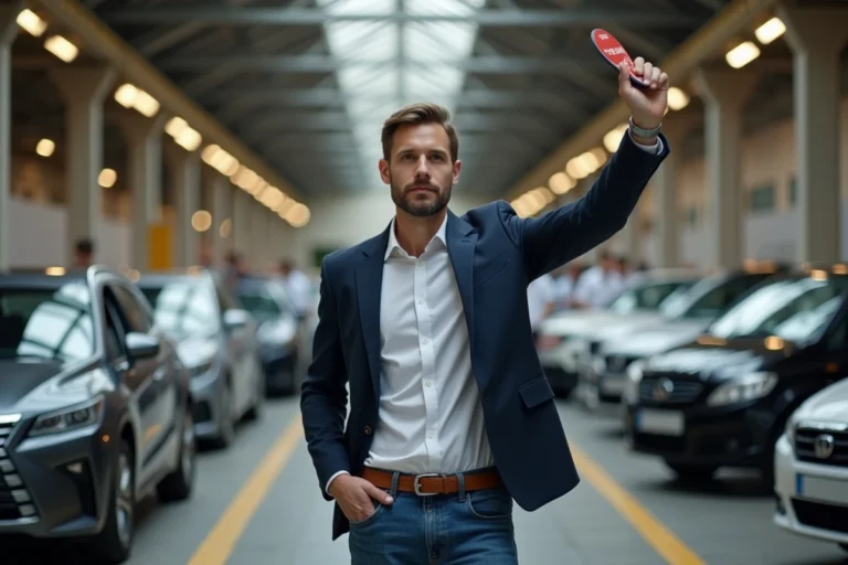 Homme tenant une palette de mise aux enchères dans une salle de vente aux enchères automobiles professionnelle