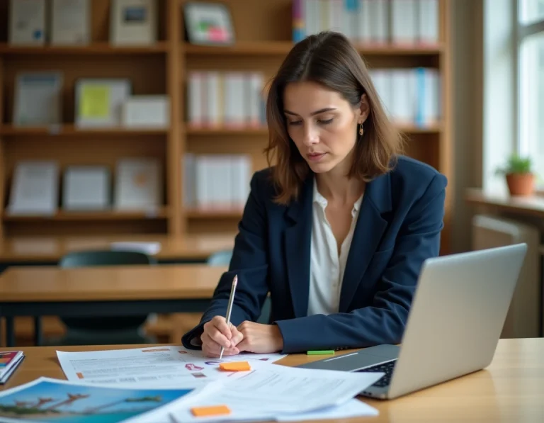 Enseignante planifiant un voyage scolaire sur un site internet avec des brochures et documents sur son bureau