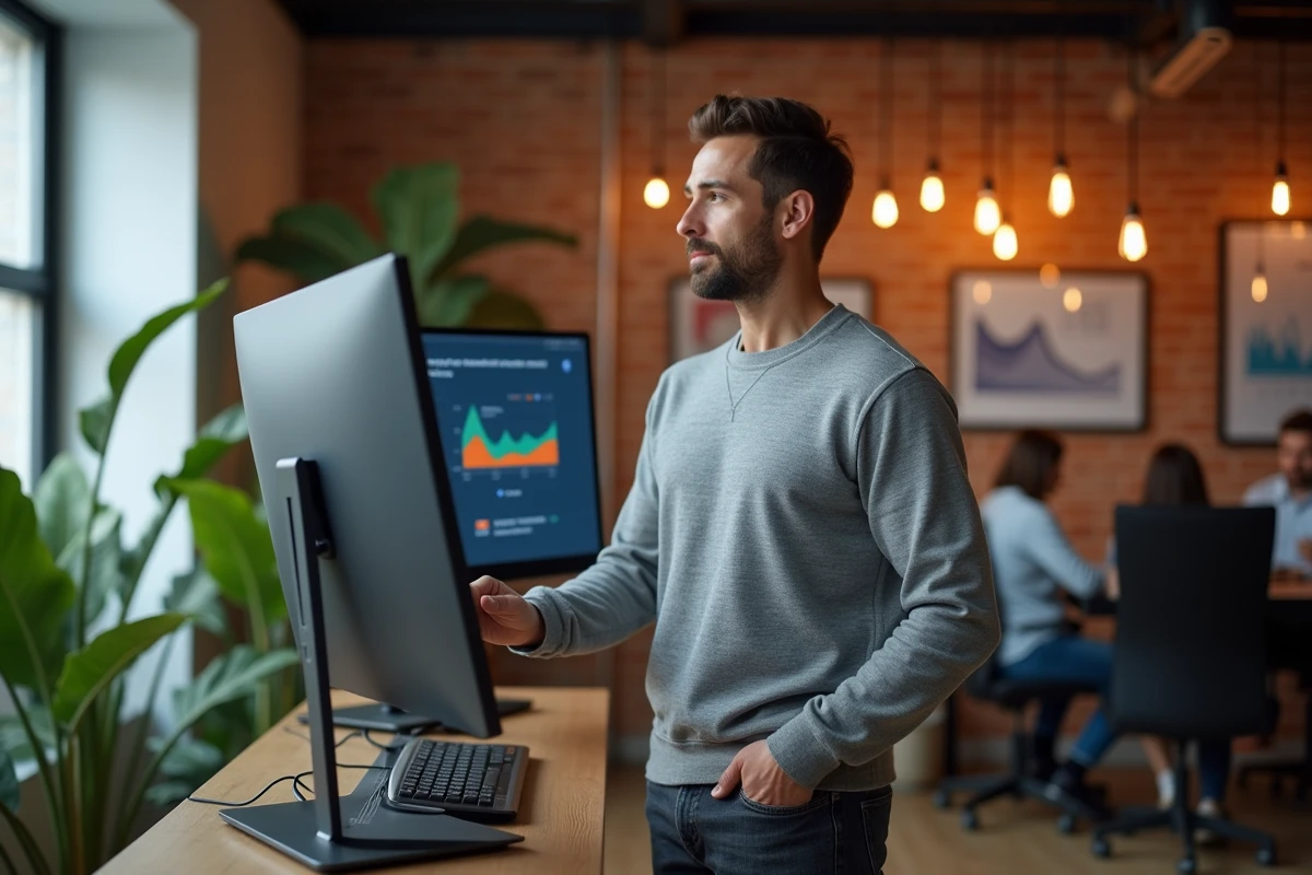 Entrepreneur masculin analysant des données de croissance sur un écran dans un espace de coworking moderne pour optimiser son business