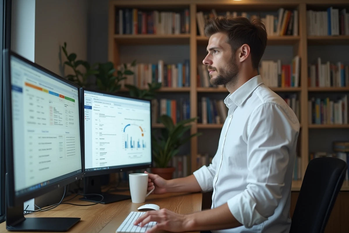 Entrepreneur travaillant sur des tableaux de bord de gestion et des outils de suivi de projets sur double écran dans un espace de travail épuré