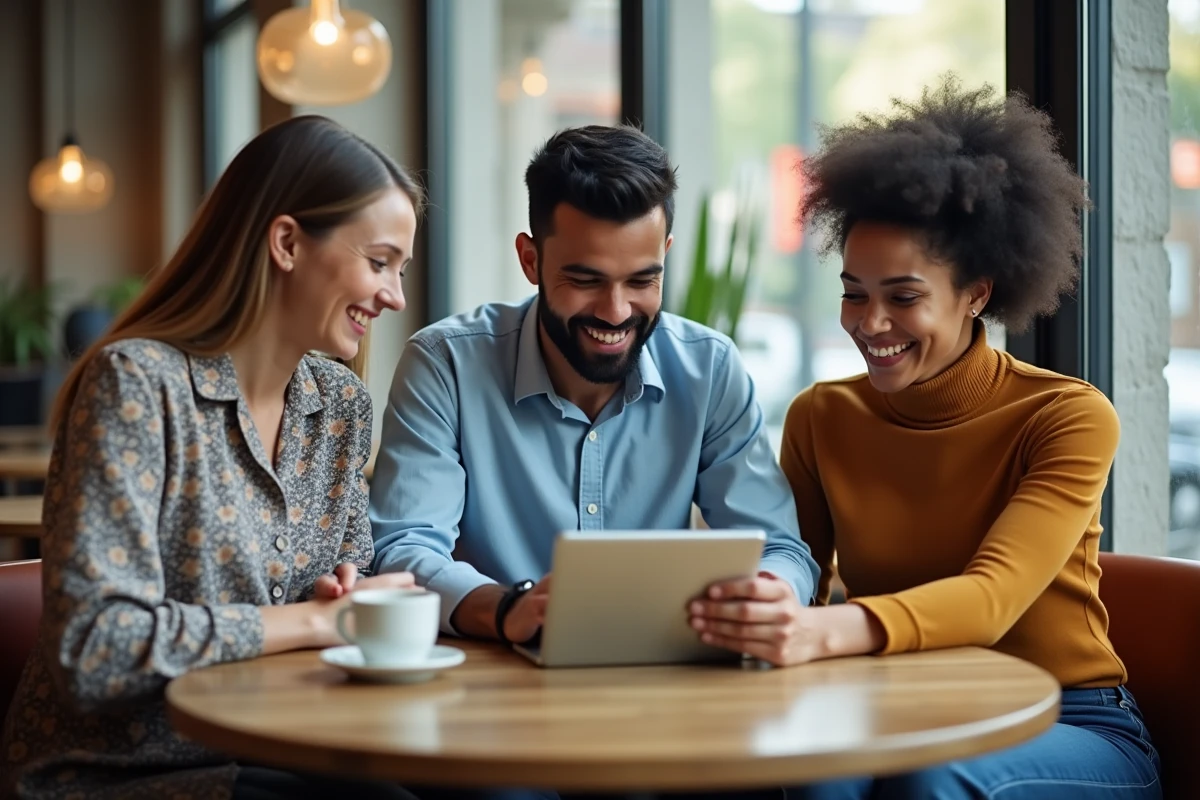 Équipe de jeunes professionnels collaborant autour d'une tablette dans un café pour explorer des opportunités professionnelles en ligne