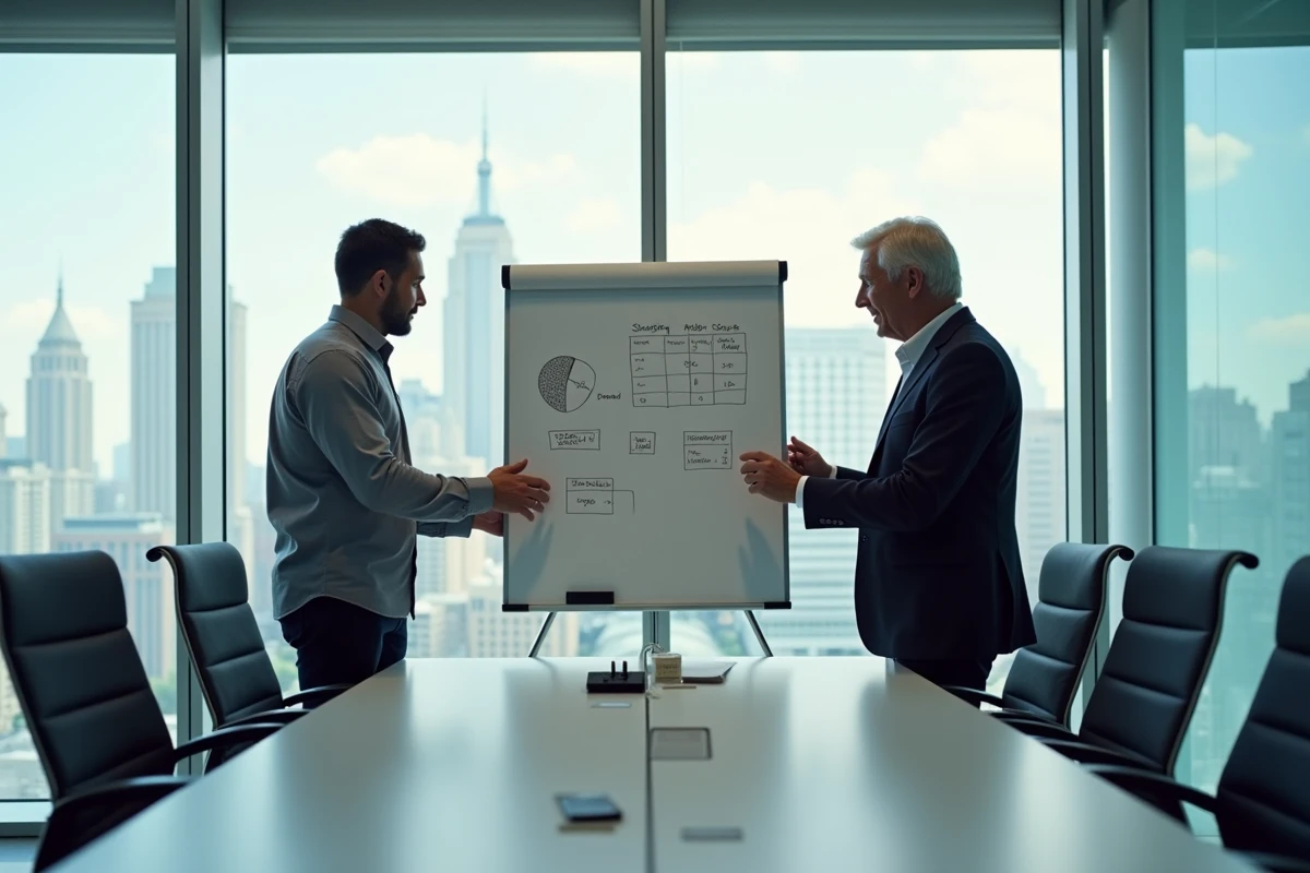 Équipe de direction en réunion stratégique devant un tableau blanc avec indicateurs de performance dans une salle de conférence