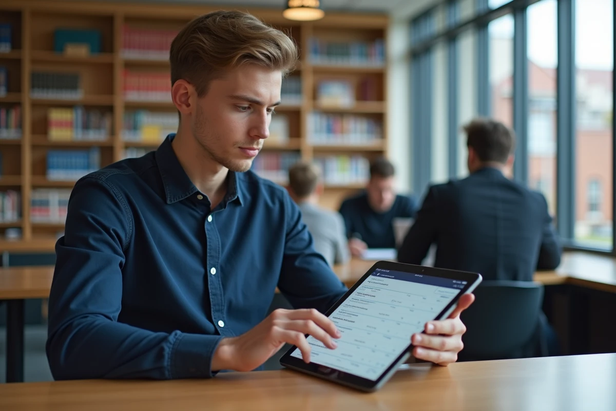 Étudiant consultant son ENT Assas sur tablette dans une bibliothèque universitaire
