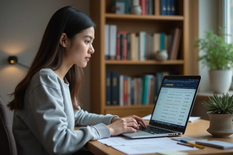 Étudiante en droit consultant ses relevés de notes sur l'ENT Assas depuis son bureau universitaire