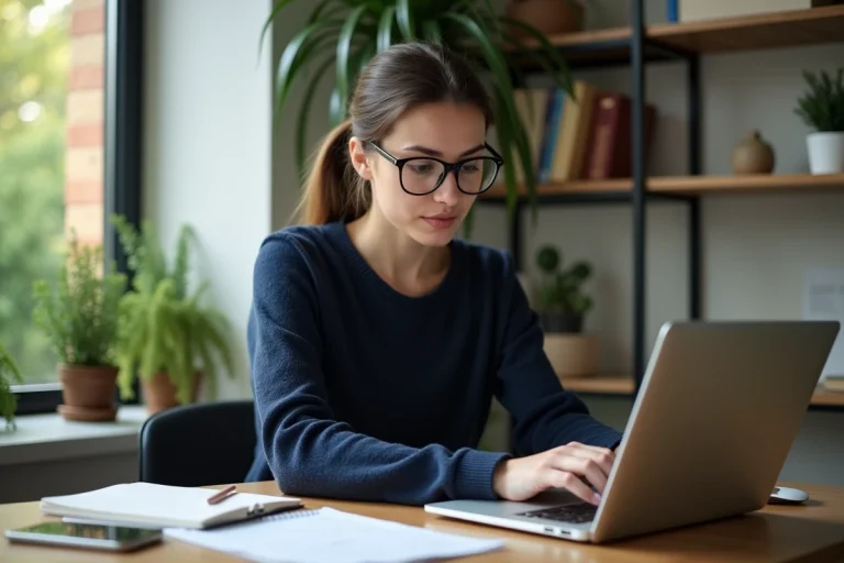 Femme en bureau moderne travaillant sur son ordinateur