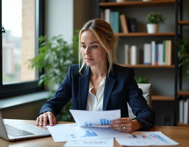 Femme cadre analysant des documents financiers liés au plafond du PEA en 2025 dans un bureau moderne