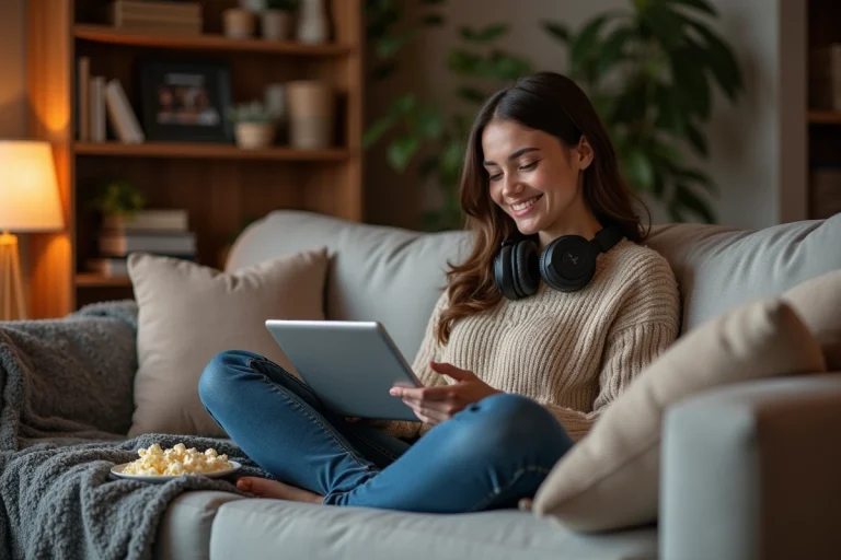 Femme détendue regardant un film sur tablette dans un salon cosy