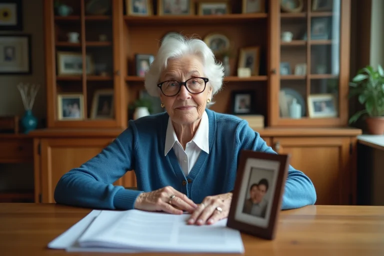 Femme âgée tenant des documents et photo de famille