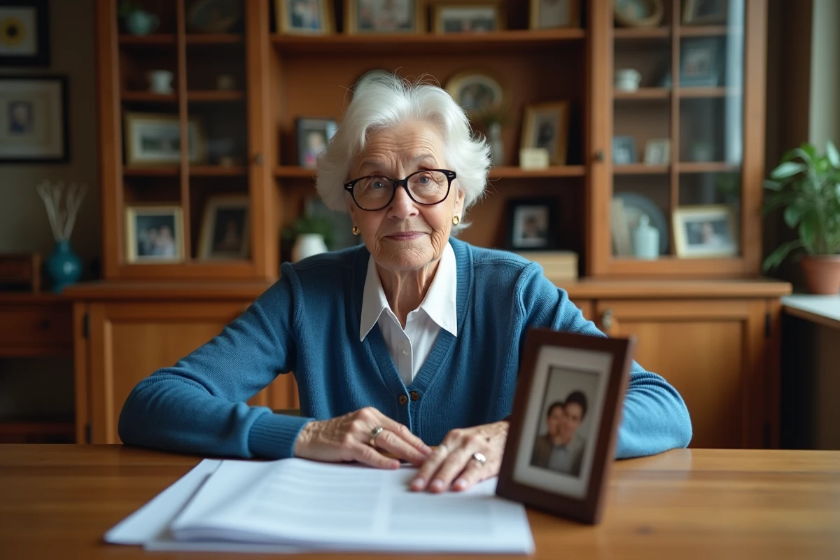Femme âgée tenant des documents et photo de famille