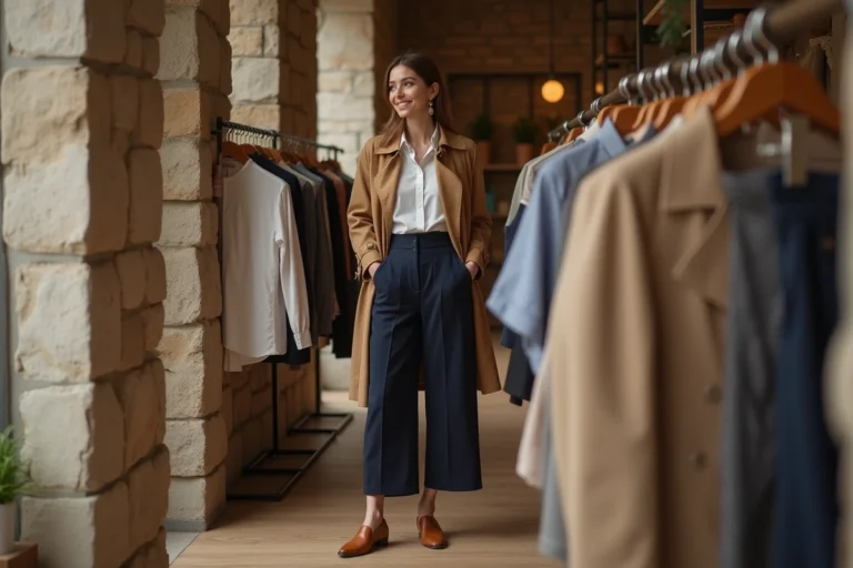 Femme élégante en trench camel et pantalon large marine feuilletant des vêtements dans une boutique de mode parisienne