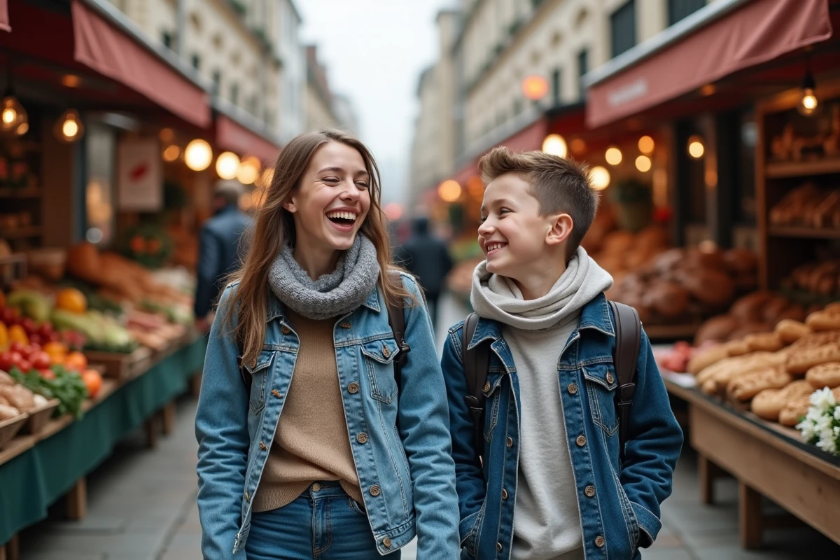 Femme et son fils explorant un marché animé en plein air