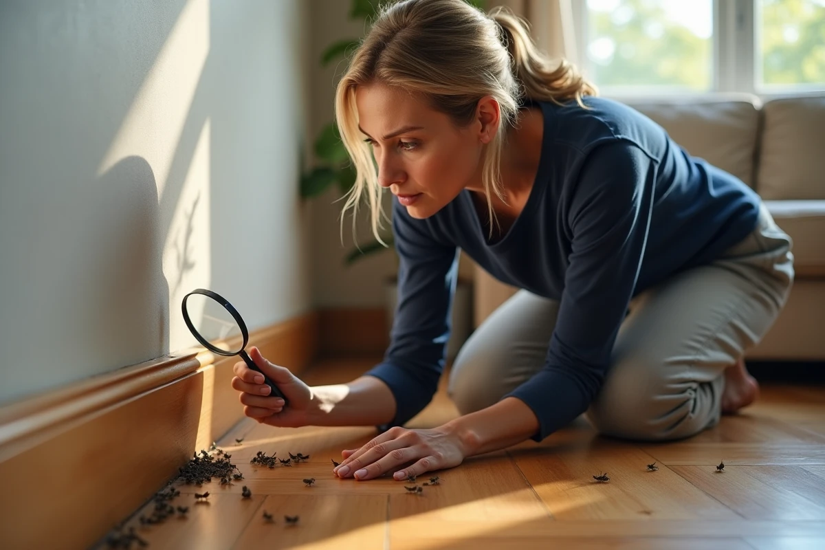 Femme examinant des insectes ailés près d'une plinthe en bois avec une loupe dans un salon domestique