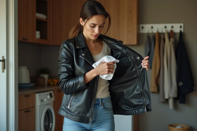 Femme nettoyant une veste en cuir dans une buanderie moderne