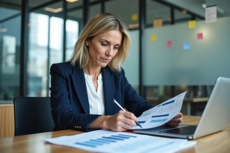 Femme manager analysant des rapports de gestion dans un bureau moderne avec ordinateur portable et documents imprimés