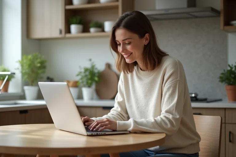 Femme souriante utilisant son ordinateur dans une cuisine lumineuse