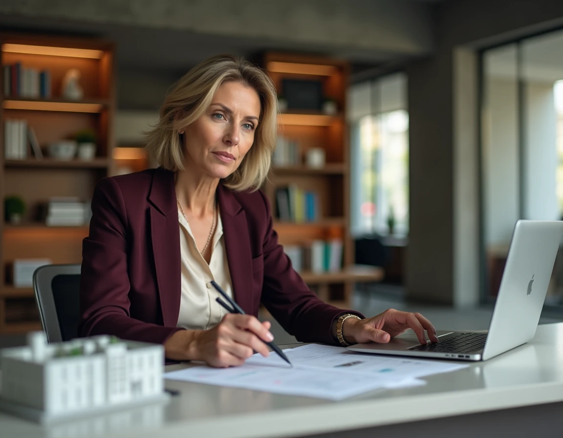 Femme PDG travaillant dans un bureau exécutif contemporain entouré de rapports financiers