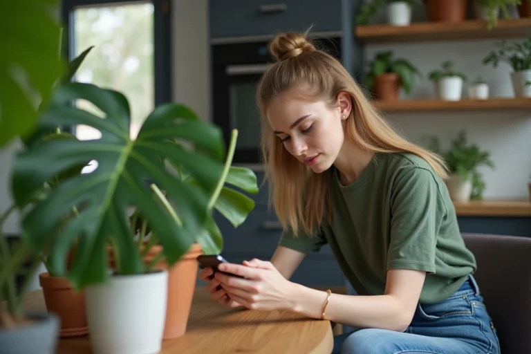 Jeune femme avec smartphone et plante verte en intérieur