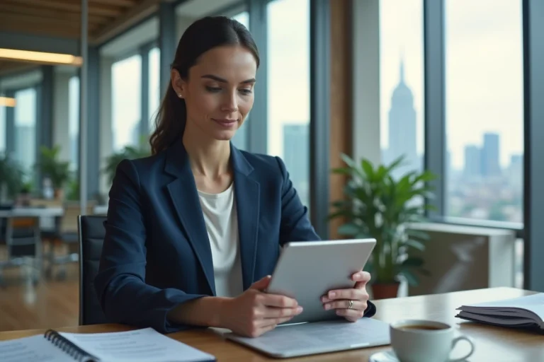 Femme professionnelle consultant les dernières actualités 2024 sur une tablette dans un bureau moderne